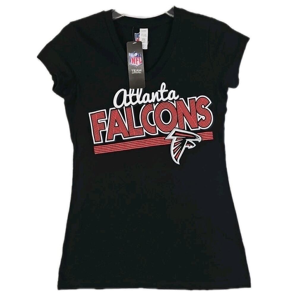 Atlanta Falcons NFL ~Woman Size S~ Black V-Neck T-Shirt Short Sleeve Cotton NWT.
